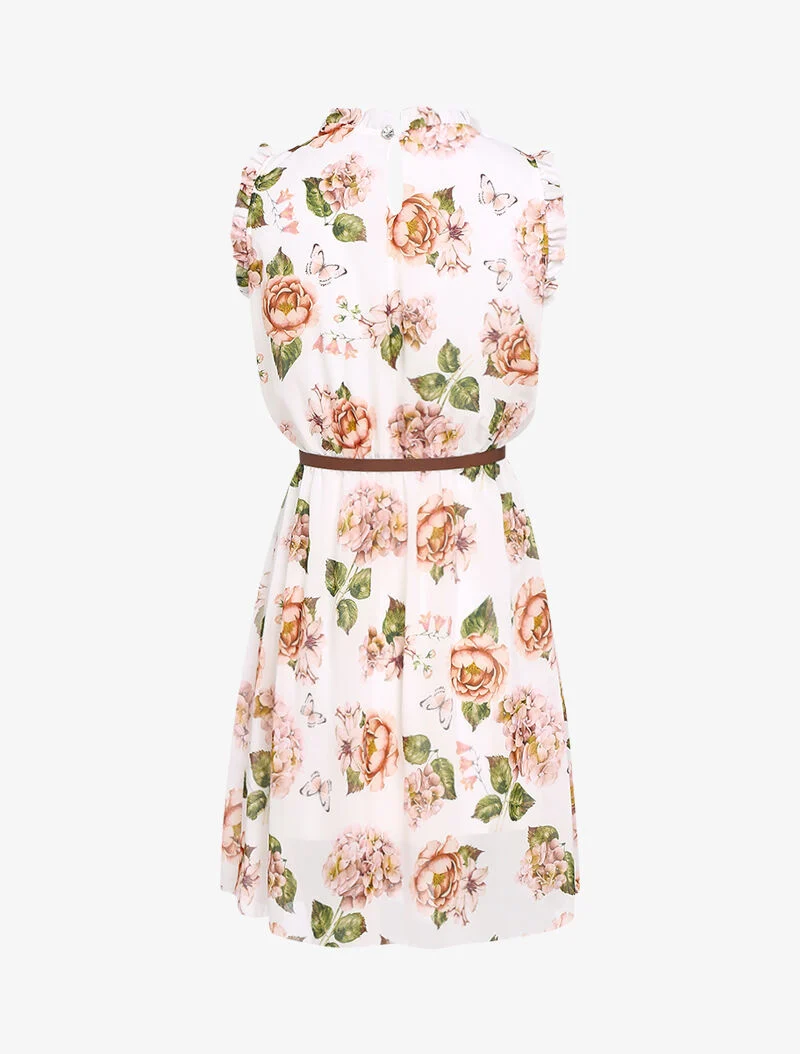 Kleid mit Blumenmuster, mit Kragen und gerüschten Ärmeln - weiß