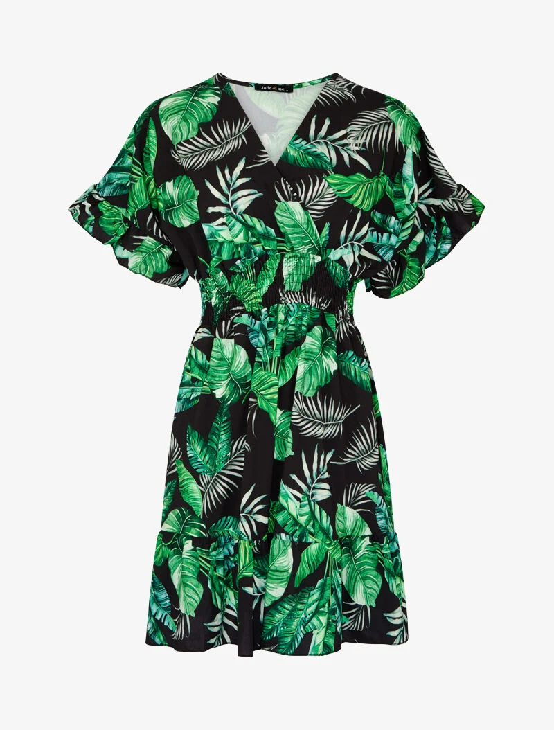 Bedrucktes Kleid mit Volantsäumen - schwarz