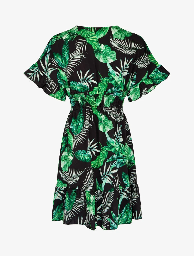Bedrucktes Kleid mit Volantsäumen - schwarz