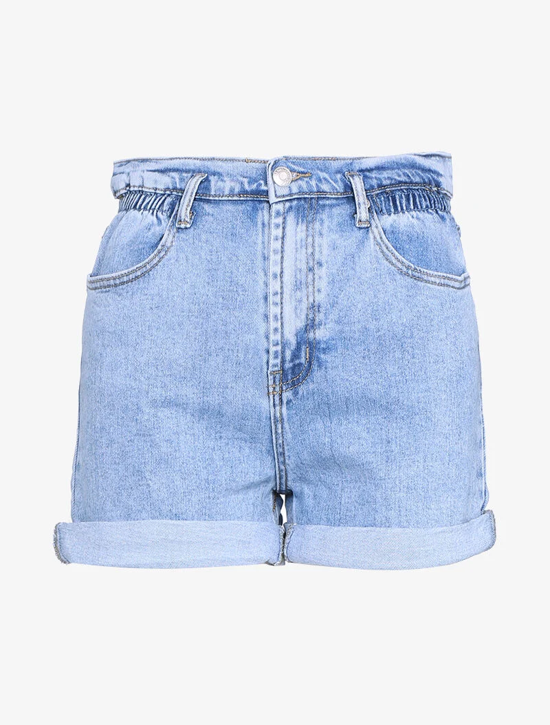 Elastische High-Waist-Shorts - Denimblau