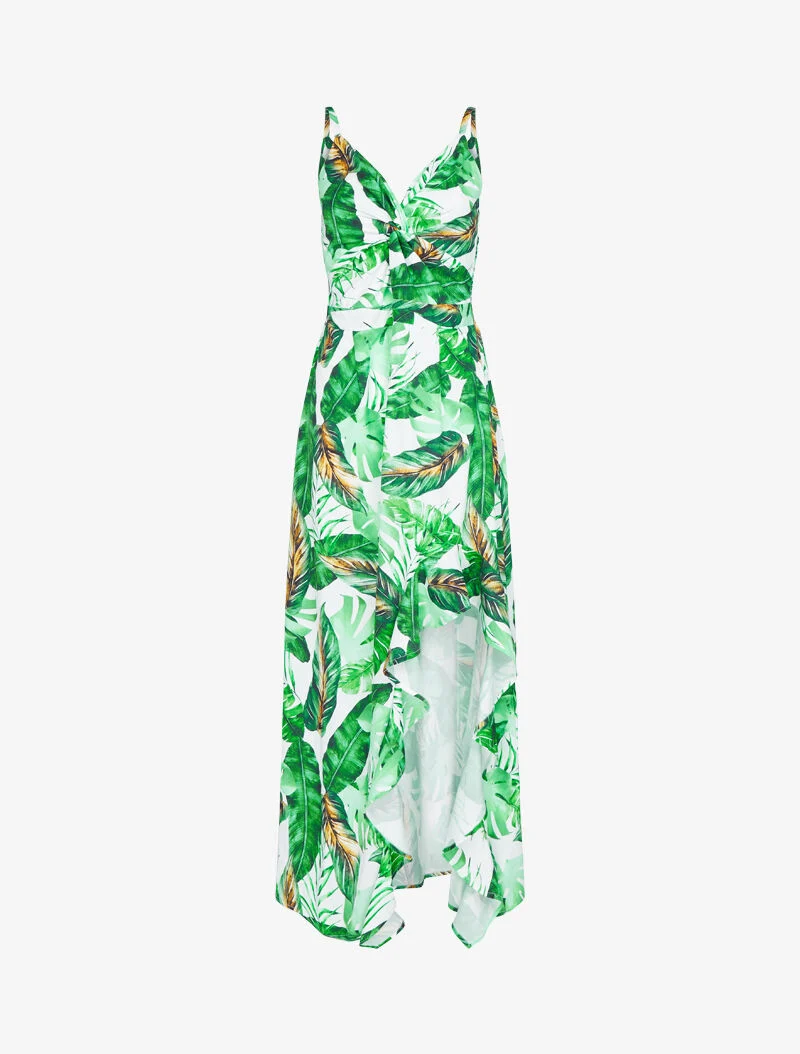 Langes Sommerkleid mit Druck und seitlichem Schlitz - Ecru