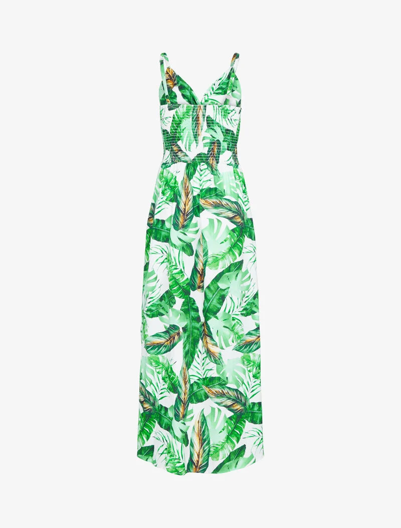 Langes Sommerkleid mit Druck und seitlichem Schlitz - Ecru