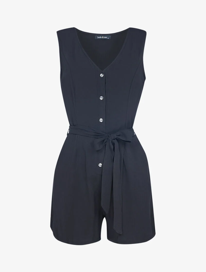 Fließender Jumpsuit mit silberner Knopfleiste - schwarz