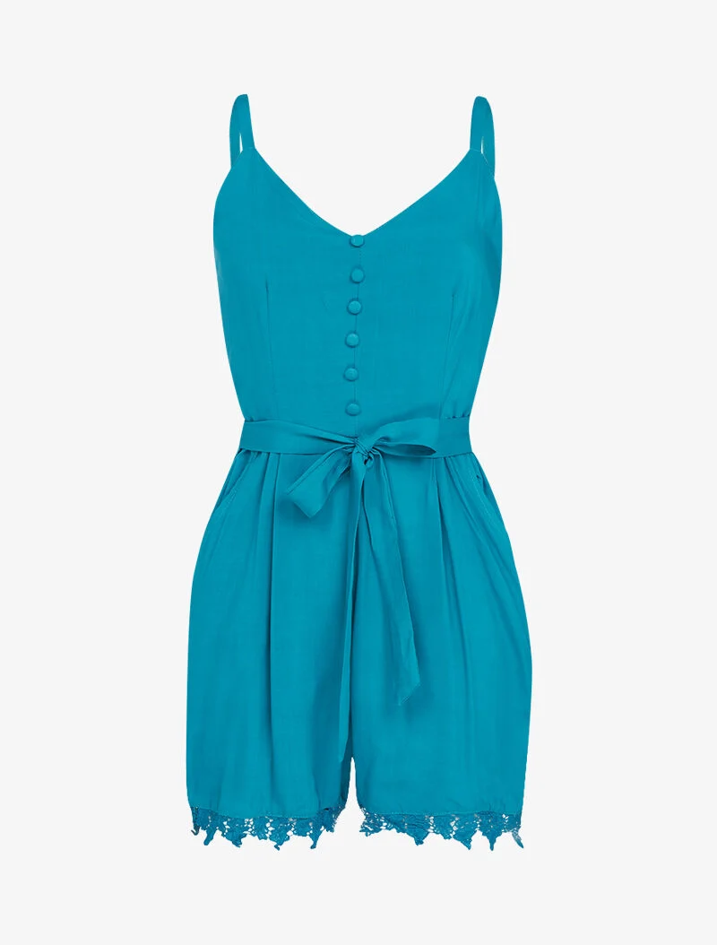 Fließender Jumpsuit aus Baumwolle mit Spitzenrand - Türkis