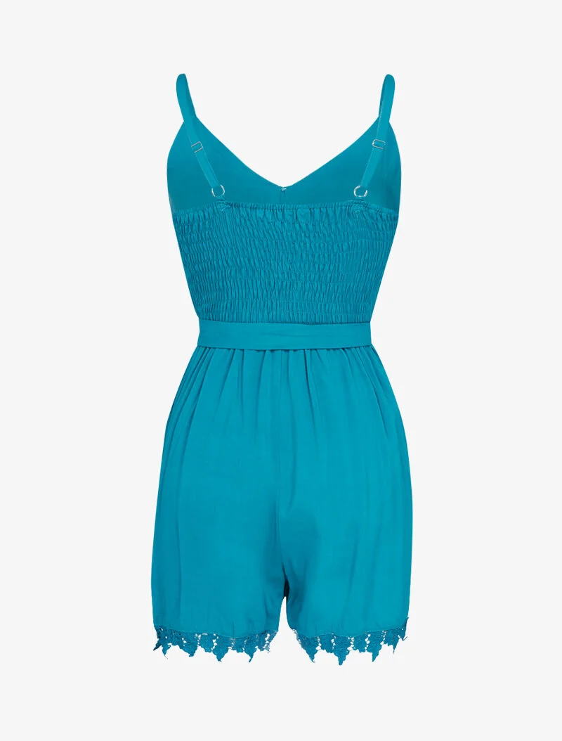 Fließender Jumpsuit aus Baumwolle mit Spitzenrand - Türkis