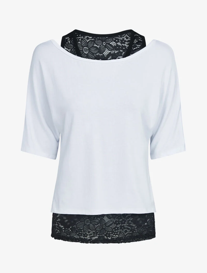 Einfarbiges Top-Set und Spitzen-Tanktop - weiß