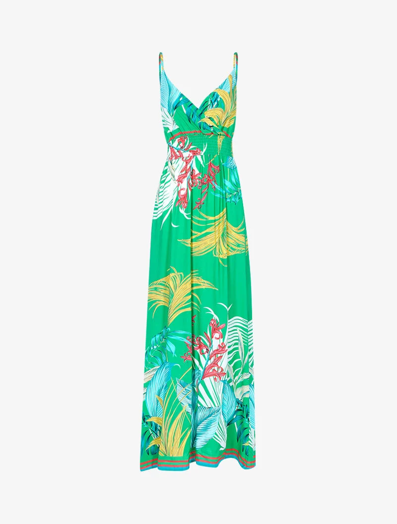 Langes Kleid mit Blattmuster - Grün