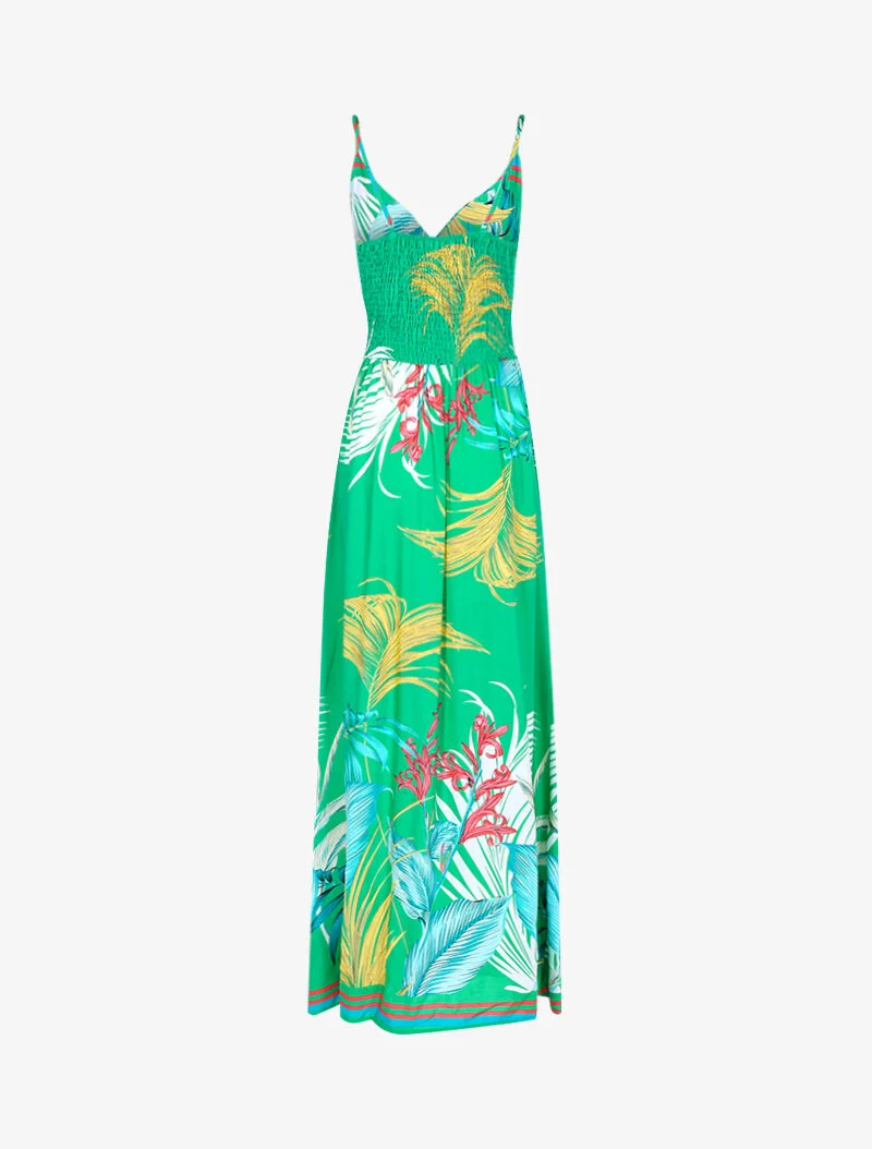 Langes Kleid mit Blattmuster - Grün