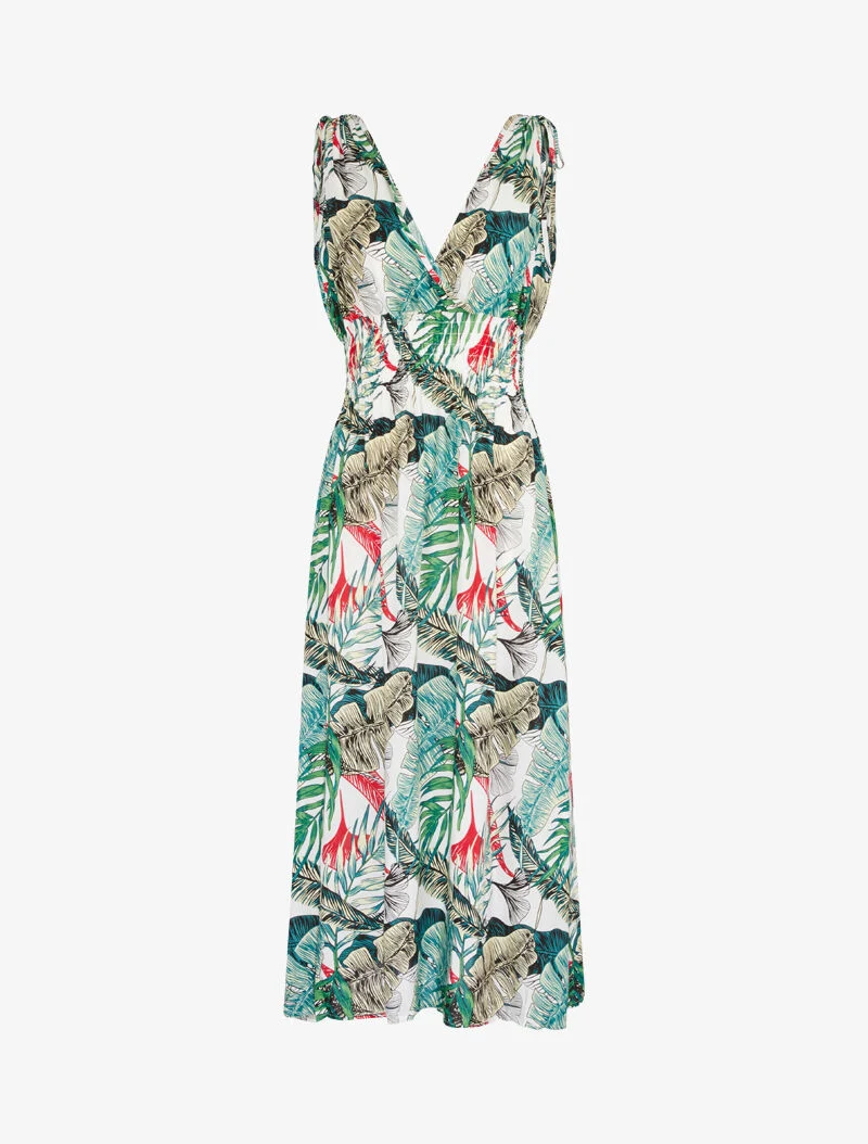 Langes Wickelkleid mit Dschungelprint - weiß