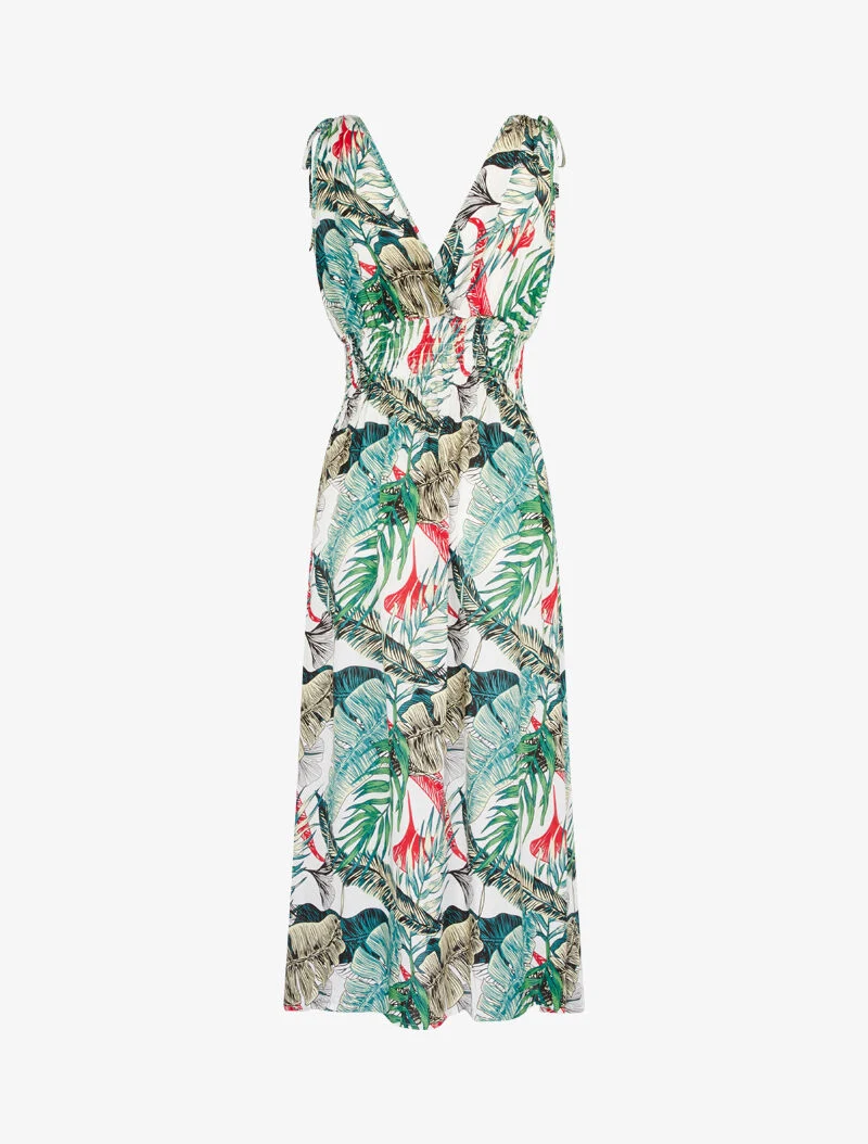 Langes Wickelkleid mit Dschungelprint - weiß