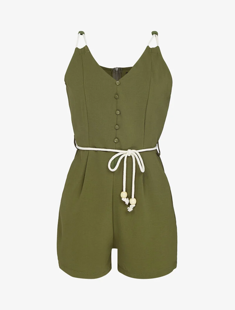 Fließender Jumpsuit mit Kordeldetails - Kaki