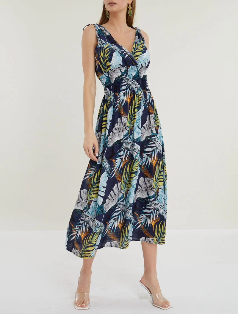Langes Wickelkleid mit Dschungelprint - Marine