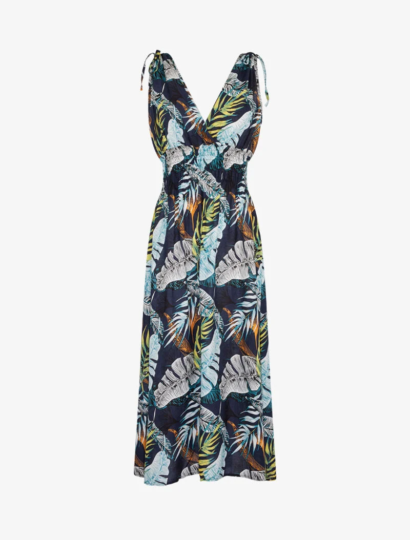 Langes Wickelkleid mit Dschungelprint - Marine
