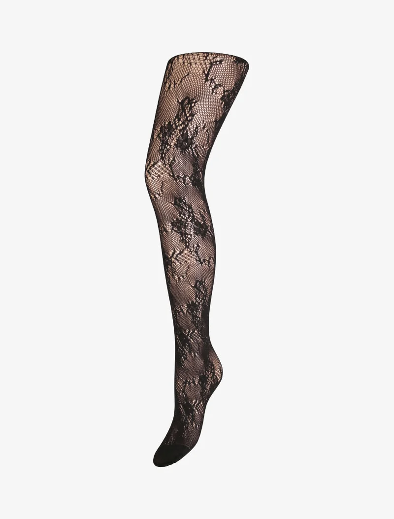 Netzstrumpfhose mit Blumenmuster - Schwarz