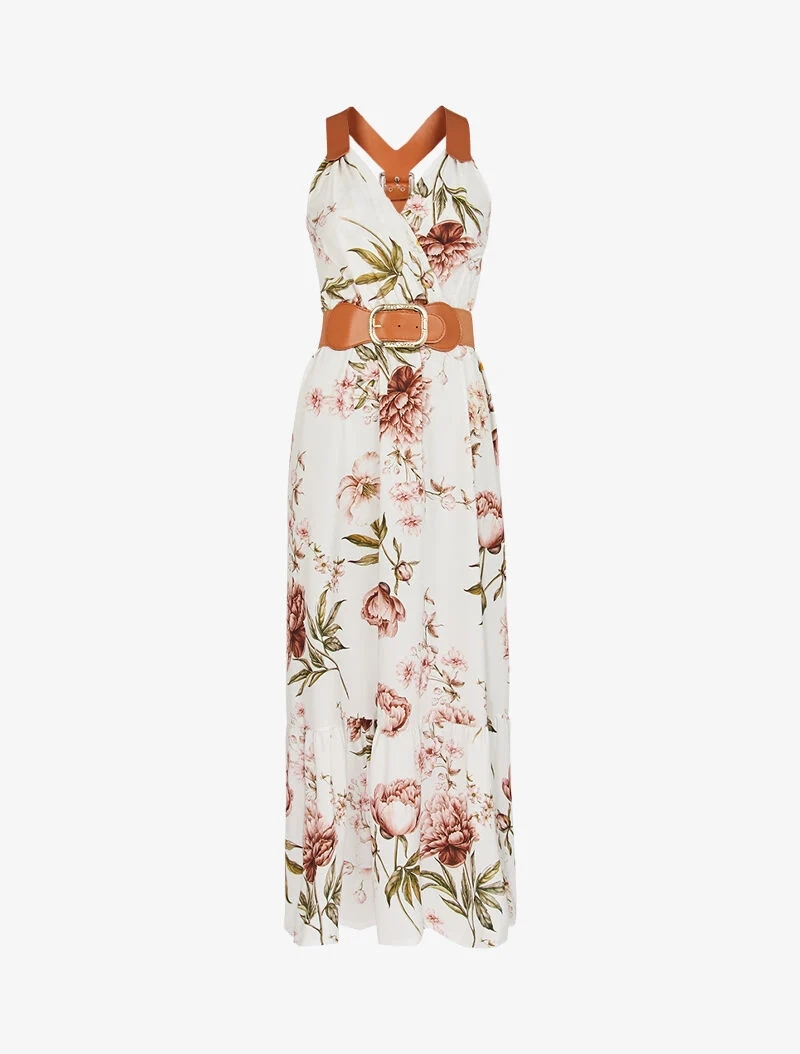 Kleid mit Druck und Kunstlederträgern - Ecru