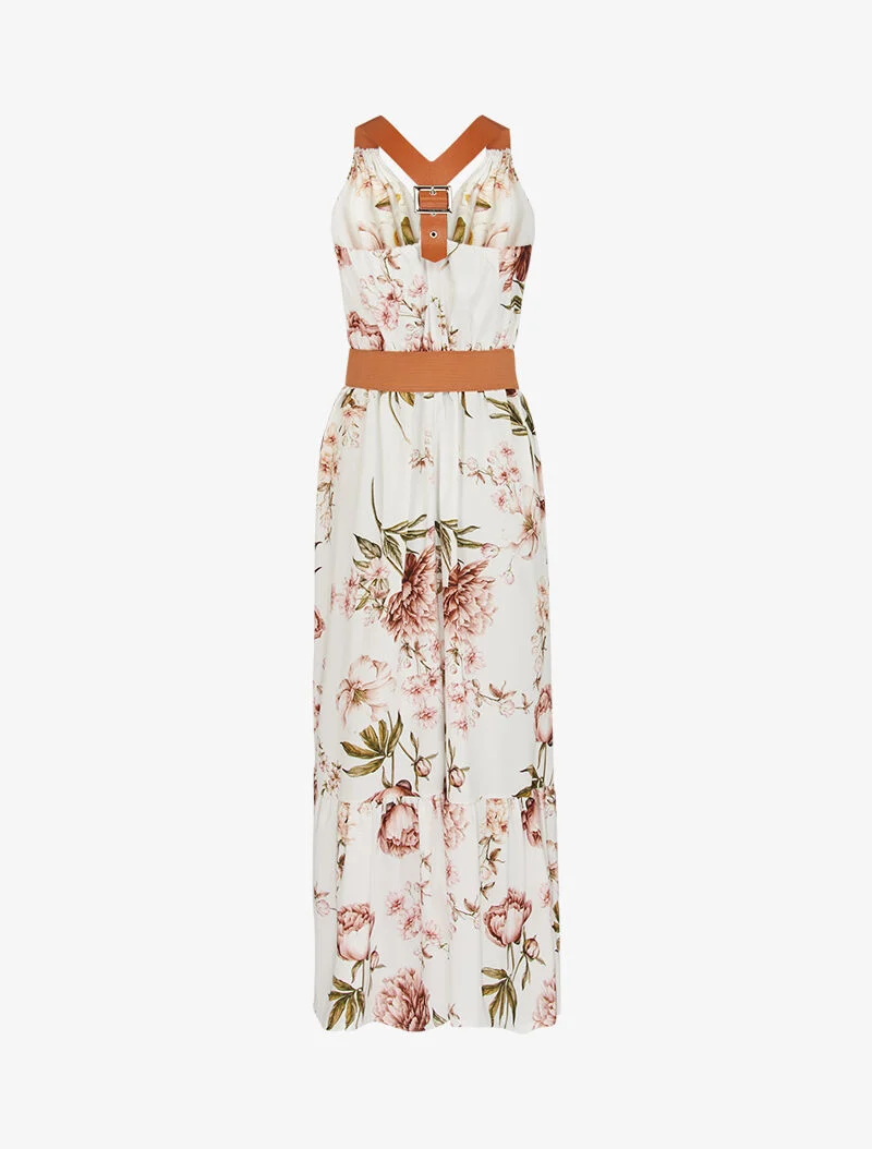 Kleid mit Druck und Kunstlederträgern - Ecru