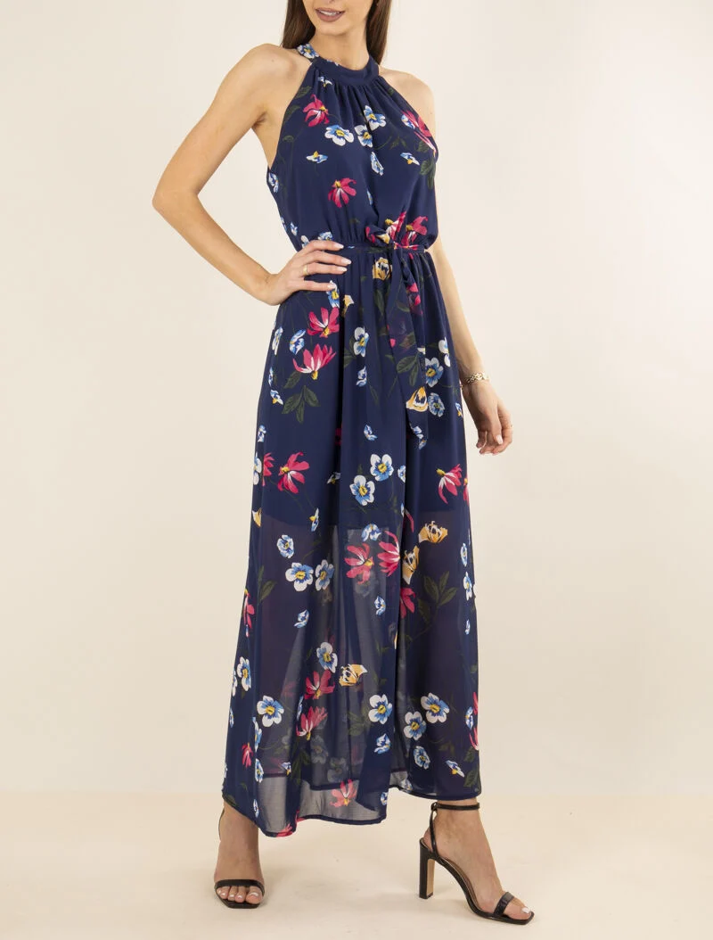 Langes Kleid mit amerikanischem Kragen - Marine