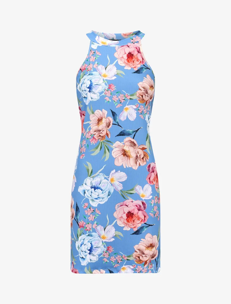 Geripptes Kleid mit Prints - Himmelblau