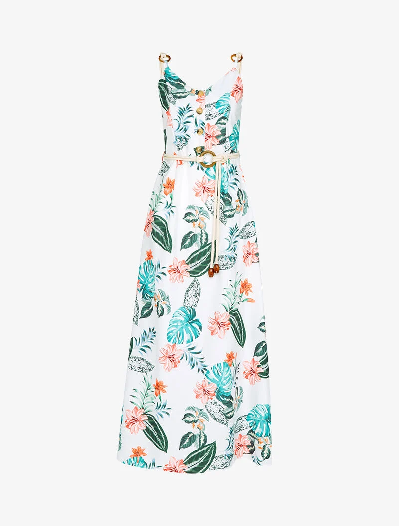 Langes bedrucktes Kleid mit Kordelträgern - Ecru