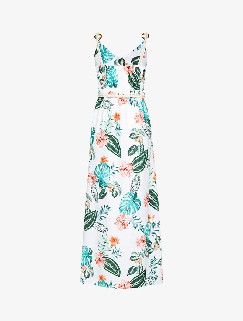 Langes bedrucktes Kleid mit Kordelträgern - Ecru