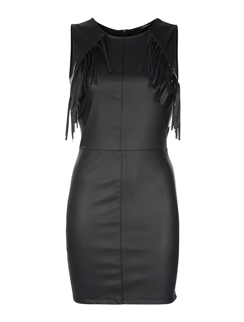 Fransen-Kunstleder-Vorderkleid - schwarz