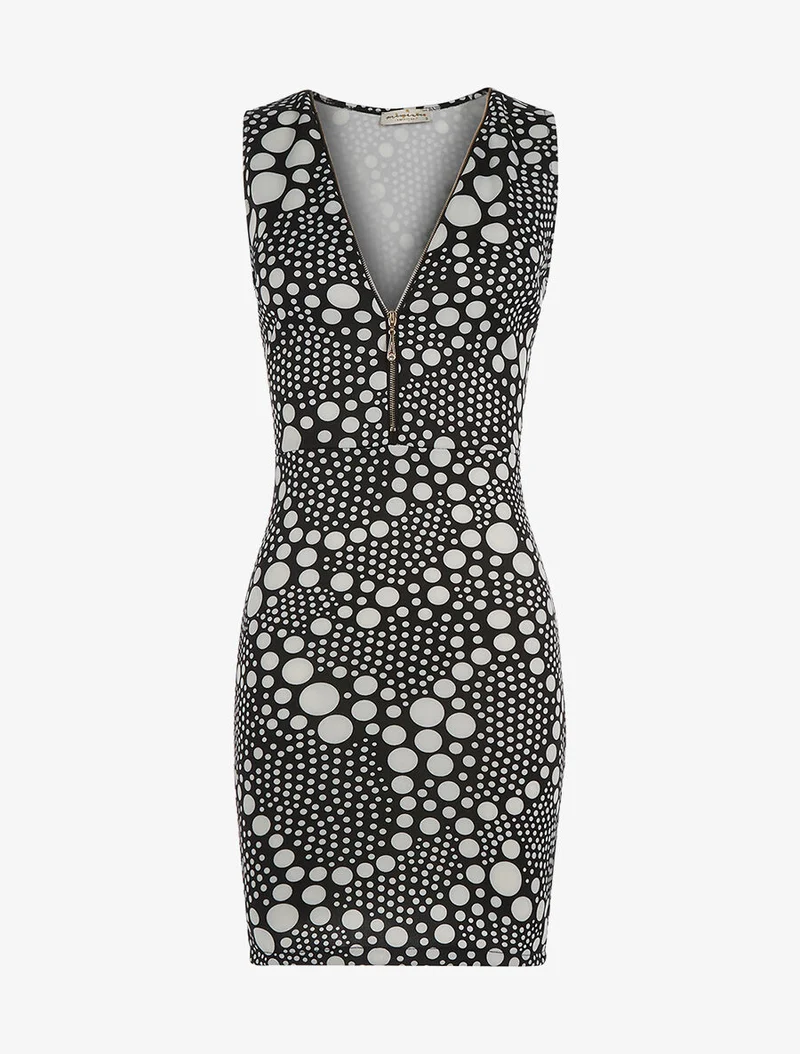 Gepunktetes Kleid mit Reißverschluss-Ausschnitt - schwarz