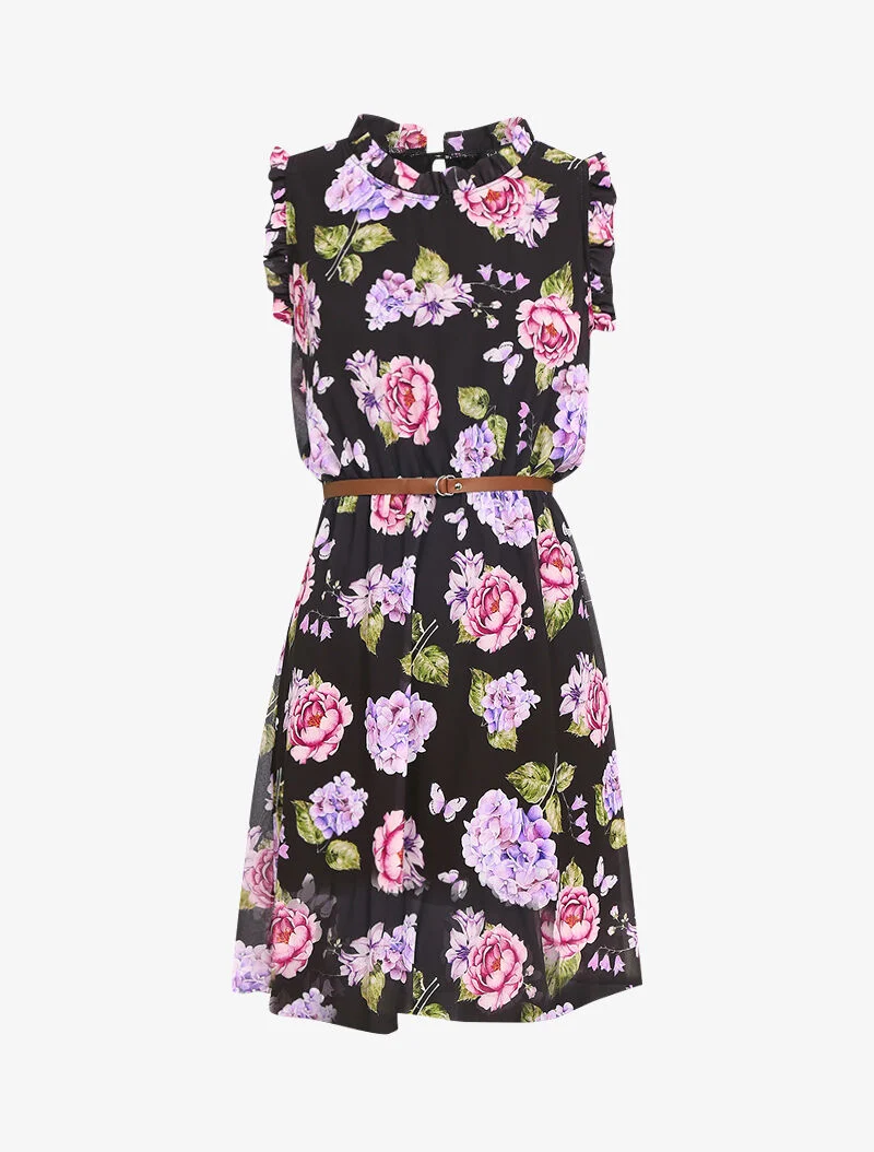 Kleid mit Blumenmuster, mit Kragen und gerüschten Ärmeln - schwarz