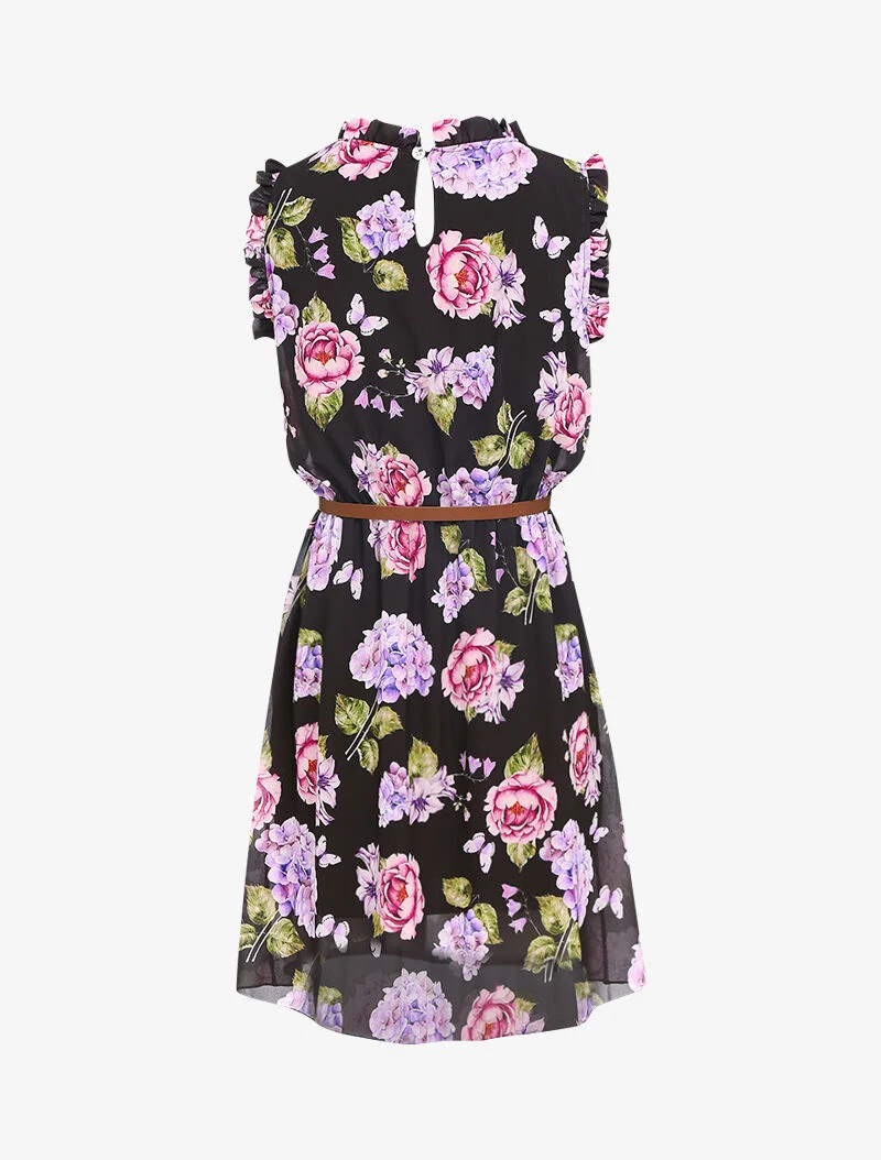 Kleid mit Blumenmuster, mit Kragen und gerüschten Ärmeln - schwarz