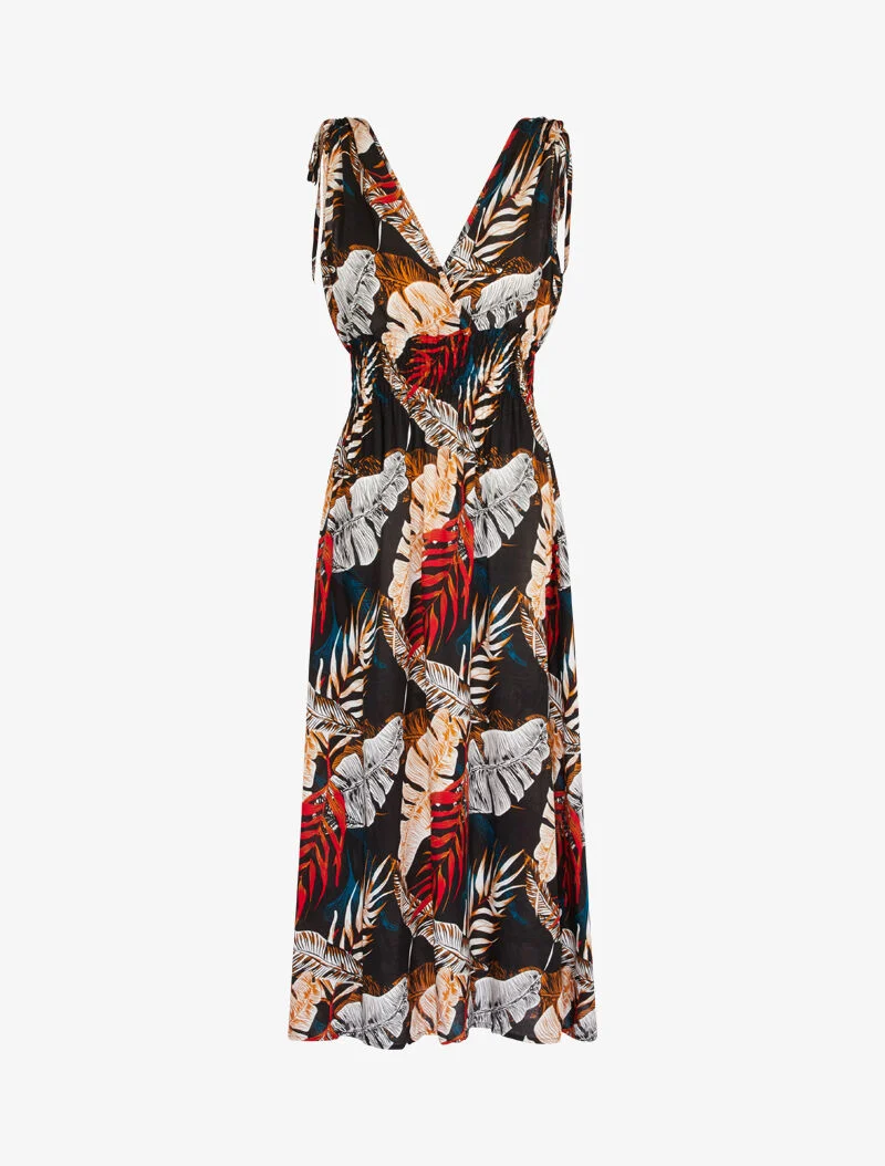 Langes Wickelkleid mit Dschungelprint - schwarz