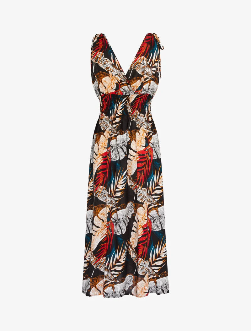 Langes Wickelkleid mit Dschungelprint - schwarz