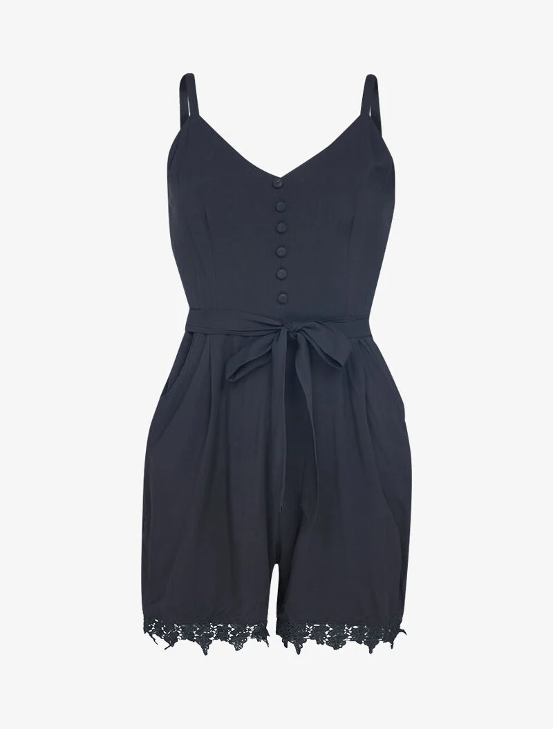 Fließender Jumpsuit aus Baumwolle mit Spitzenrand - schwarz