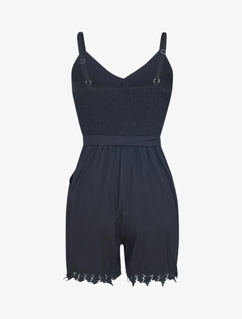 Fließender Jumpsuit aus Baumwolle mit Spitzenrand - schwarz