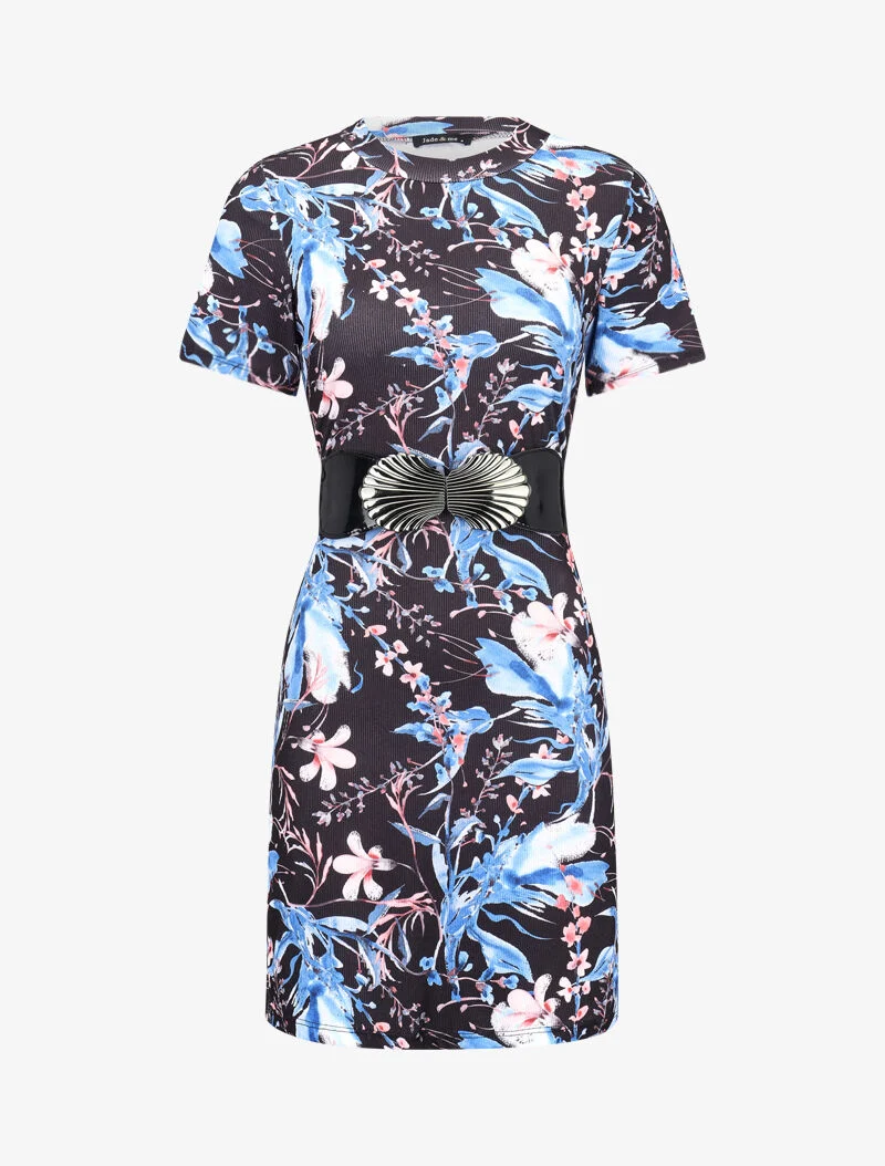 Geripptes Kleid mit kurzen Ärmeln - schwarz