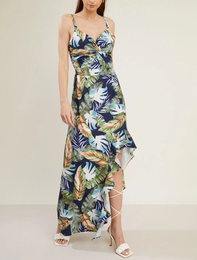 Langes Sommerkleid mit Druck und seitlichem Schlitz - Marine