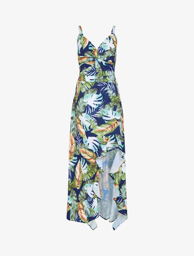 Langes Sommerkleid mit Druck und seitlichem Schlitz - Marine