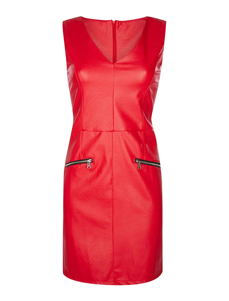 Kleid in Lederoptik mit Reißverschlüssen - Rot