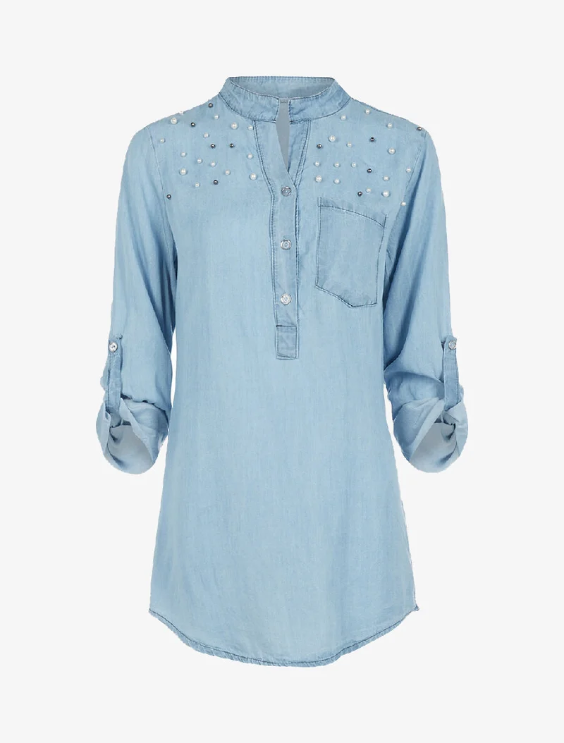 Perlenbesetzte Bluse - helles Denim