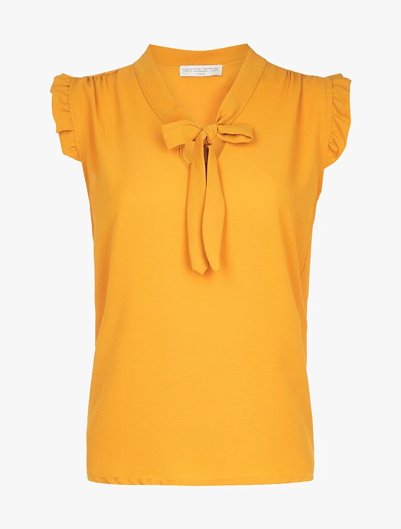 Chiffonbluse mit Bindekragen - Senf