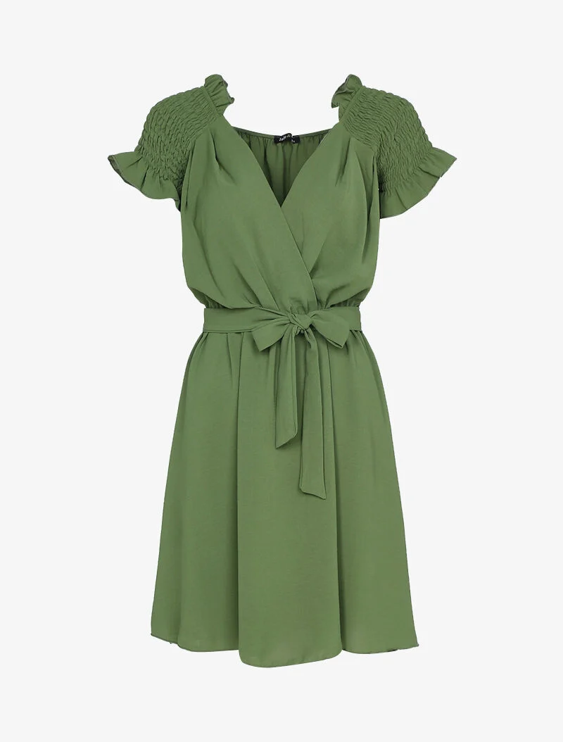 Kleid mit gerüschten und elastischen Schultern - Kaki