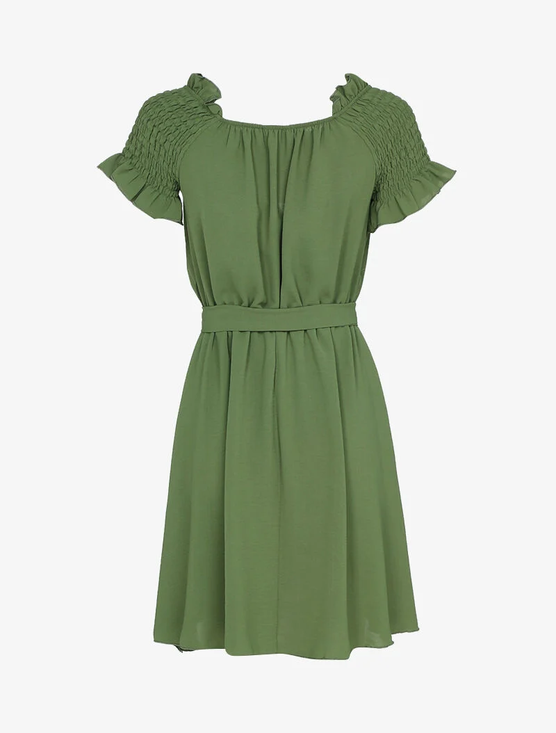 Kleid mit gerüschten und elastischen Schultern - Kaki
