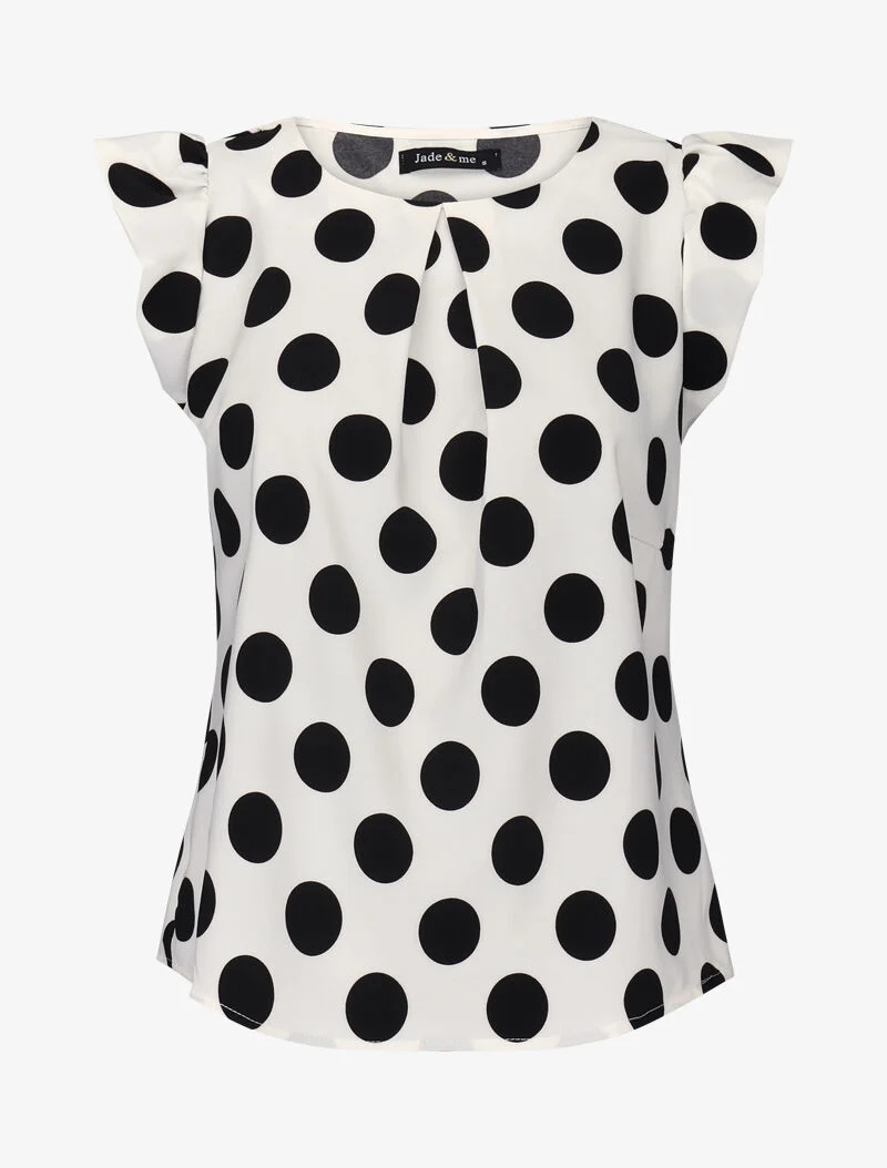 Bluse mit gepunktetem Muster und Flügelärmeln - weiß