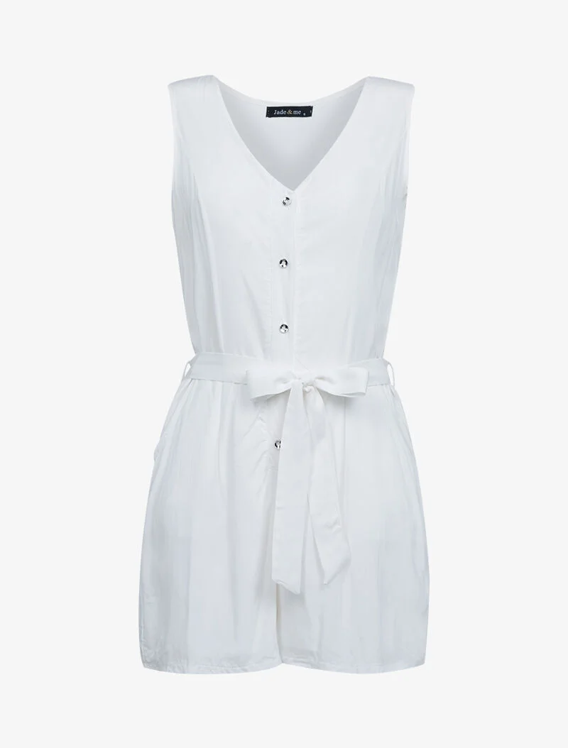 Fließender Jumpsuit mit silberner Knopfleiste - weiß