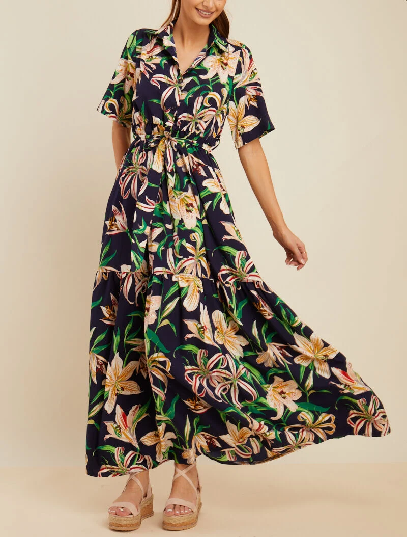 Langes Kleid mit Lilienmuster - Marine