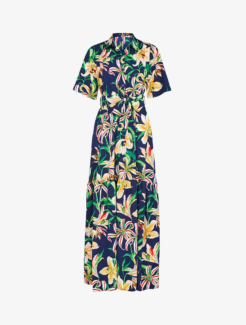 Langes Kleid mit Lilienmuster - Marine