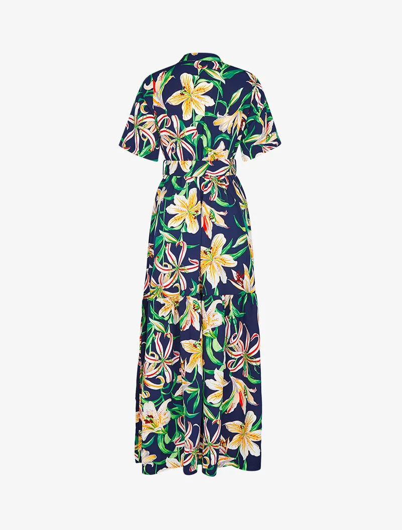 Langes Kleid mit Lilienmuster - Marine