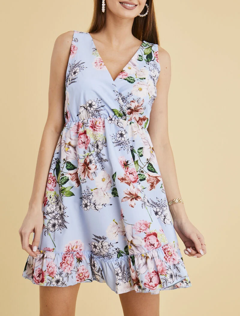 Wickelkleid mit Druck und Volants - Himmelblau