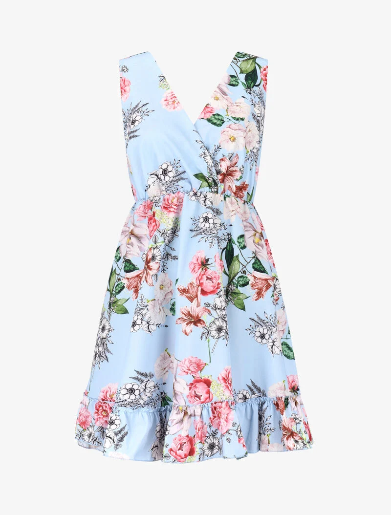 Wickelkleid mit Druck und Volants - Himmelblau