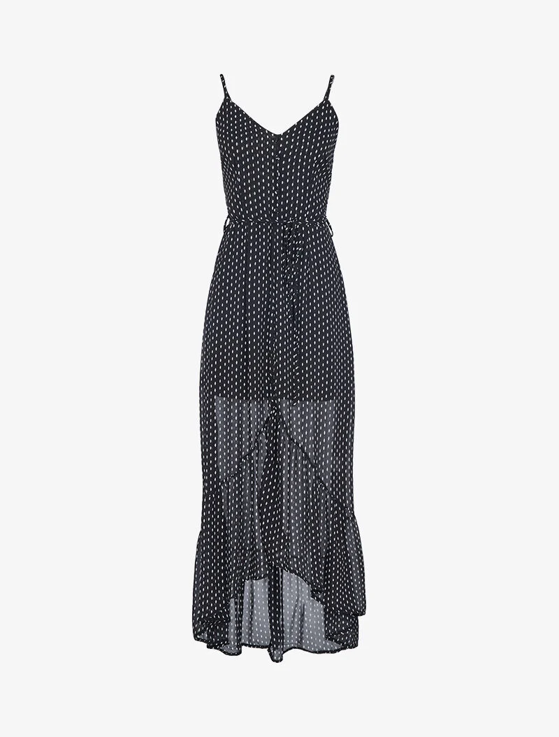 Langes Kleid mit Rüschen und Rautenmuster. - schwarz