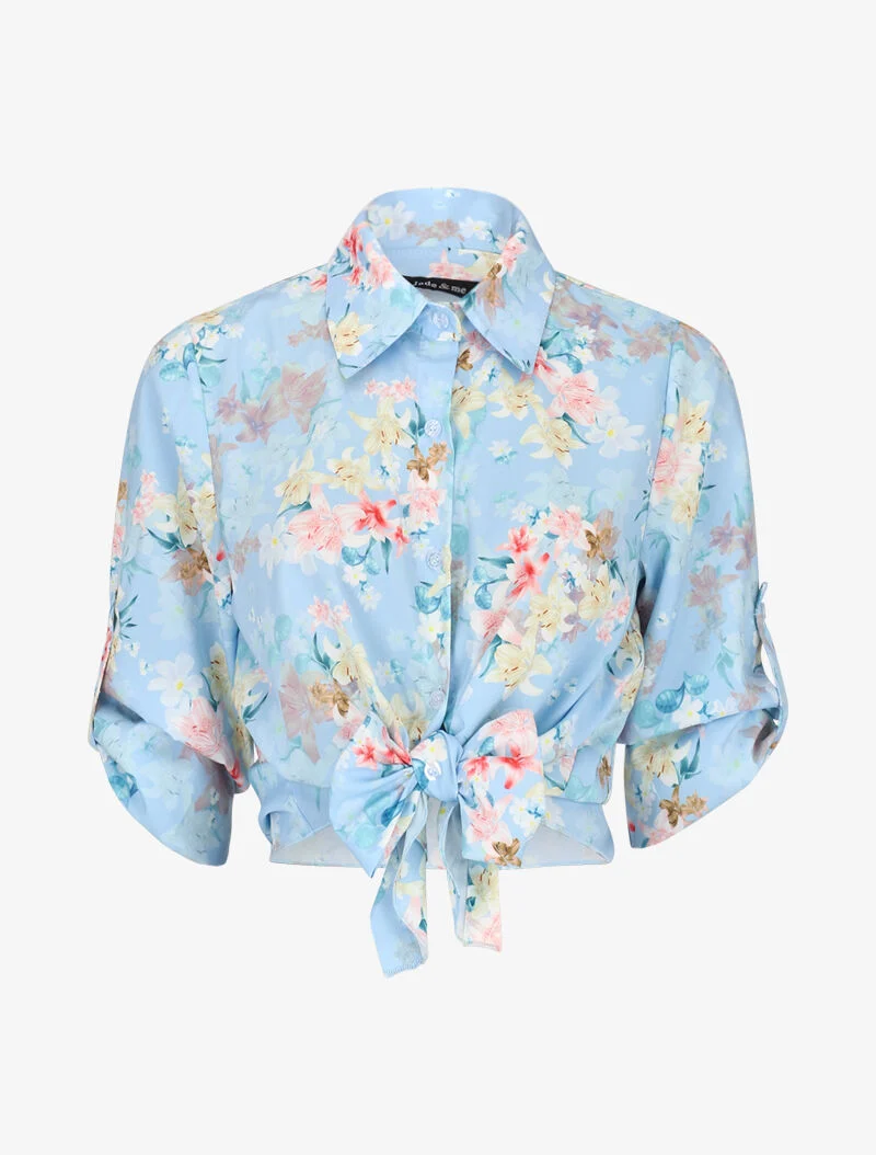 Bluse mit floralem Druck zum Binden - Hellblau