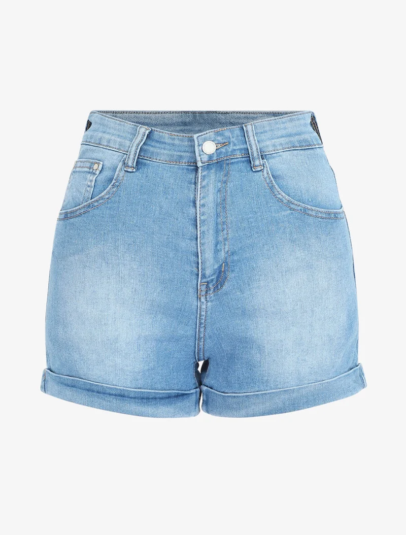 Jeansshort mit umgeschlagenem Saum im geraden Schnitt - Blau